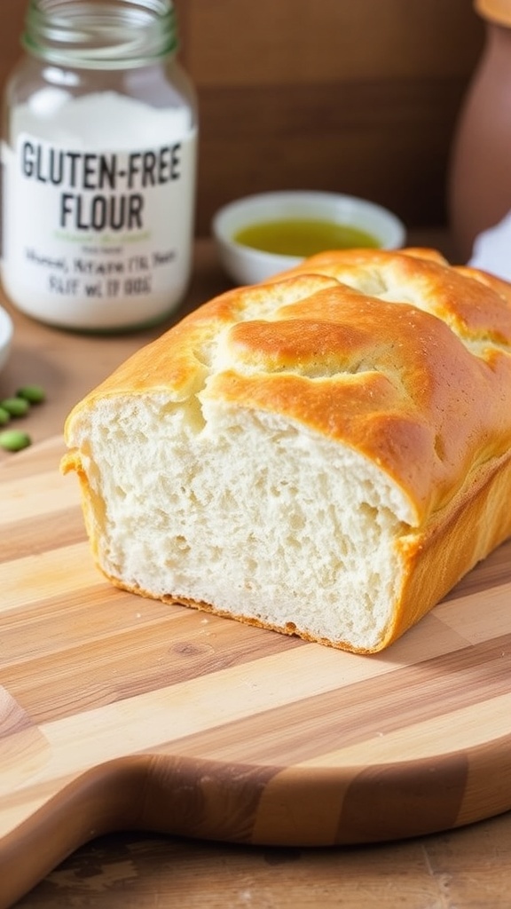 Gluten-Free Bread with Instant Yeast Recipe A golden-brown loaf of gluten-free bread on a cutting board with slices cut, showcasing its fluffy texture.
